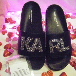 Karl Lagerfeld Paris Icon Black Slides Pearls & Gems Womens Sizes New